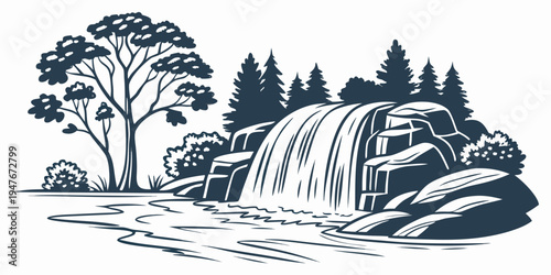 A waterfall cascading down a rocky slope surrounded by trees Vector