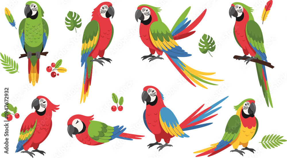 Obraz premium Colorful Parrot Illustration Set Featuring Tropical Macaws Sitting, Flying, and Perching with Leaves and Berries for Wildlife Nature Design.