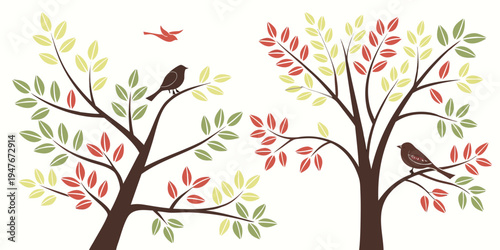 Two trees with colorful leaves and birds on the branches Vector