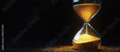 glass hourglass with glowing golden sand flowing into a shimmering pile on a dark background, evoking quiet contemplation and the passage of time