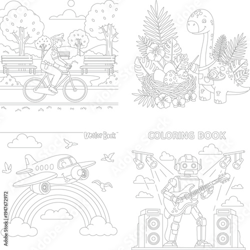 Engaging coloring book page: bicycle, dinosaur, airplane, robot guitarist - kids fun activity, line art, park scene, tropical plants