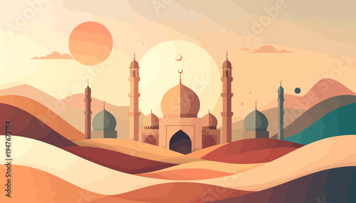 Stylized desert landscape with a mosque at sunset, featuring warm earthy tones and layered dunes.