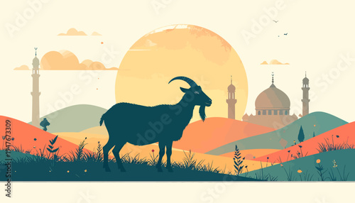 Illustration of a goat silhouette standing on a grassy hill with mosques and a large sun in the background, depicting an Islamic festival scene.