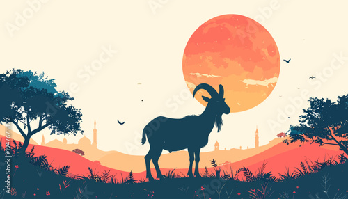 Silhouette of a goat standing in a stylized landscape with a large orange sun and distant city skyline at sunset.