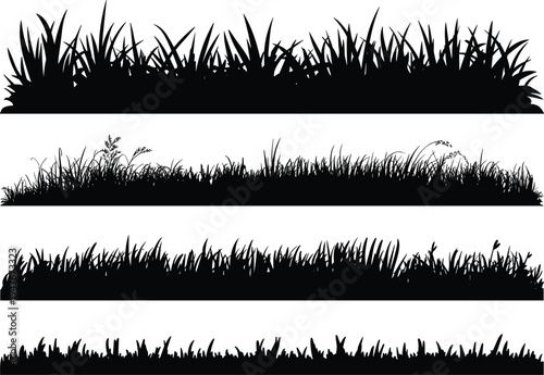 Black grass silhouette borders and meadow plant edges set featuring vector illustrations of field greenery lawn shrubs garden turf and botanical nature elements.