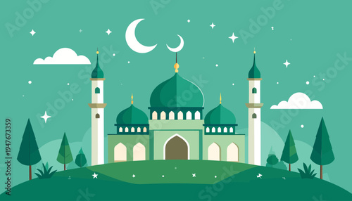 A beautiful flat design illustration of a mosque with domes and minarets on a green hill under a night sky with crescent moons and stars, representing Islamic culture.