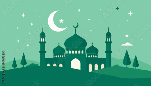 Stylized illustration of a mosque with domes and minarets under a crescent moon and stars, set against a green landscape.
