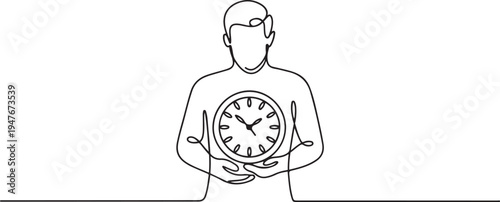 man holding clock in his hands. one line art icon drawing vector