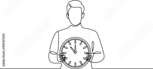 man holding clock in his hands. one line art icon drawing vector