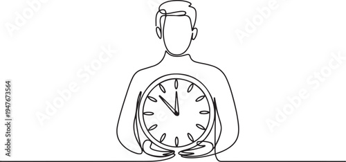 man holding clock in his hands. one line art icon drawing vector