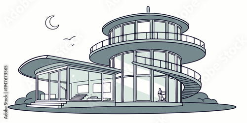 A large modern house with a balcony and a moon Vector