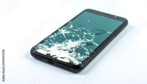 Close-up of a damaged smartphone with a shattered screen, lying on a white surface. The screen is badly cracked