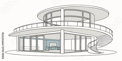 A large building with a circular design and a balcony Vector
