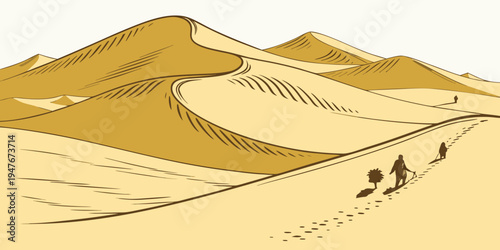 A desert landscape with sand dunes and mountains Vector