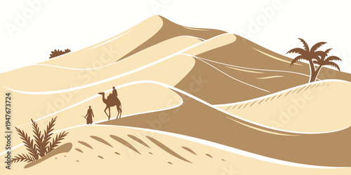 A desert landscape with sand dunes and palm trees Vector