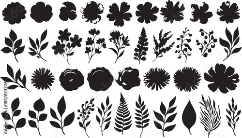Floral silhouette vector pack: flowers, leaves, and botanical elements eps