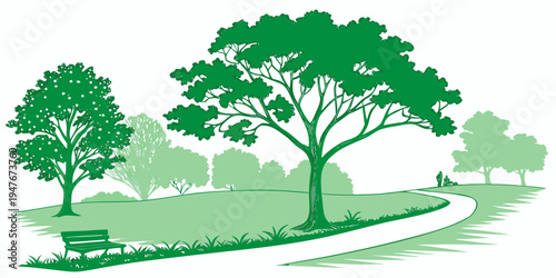 A green illustration of a park with trees and a path Vector