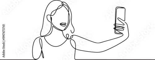 Woman take a selfie with camera phone. one line art icon drawing vector