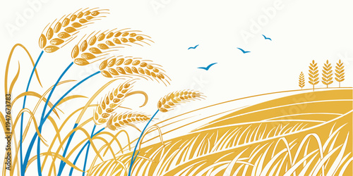 A field of golden wheat with birds flying overhead Vector