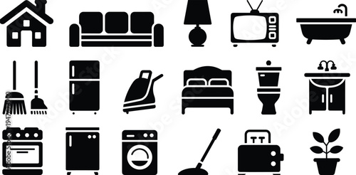 Black home furniture and household appliance icons set featuring vector silhouettes of sofa bed television refrigerator washing machine oven toaster lamp and plant.