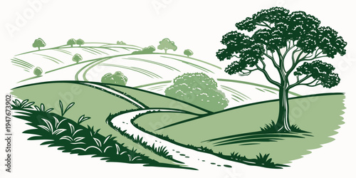 A tree on a hill next to a winding road Vector