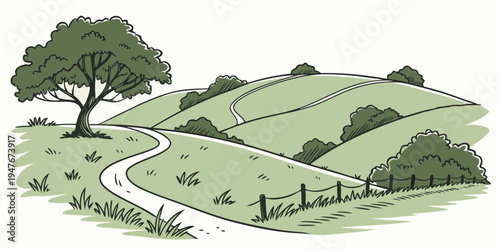 A winding path through a green countryside landscape Vector