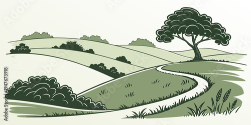 A winding road through rolling hills and trees Vector