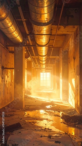 Abandoned industrial corridor with dim lighting and debris