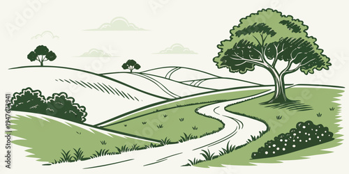 A tree on a green hill with a winding path Vector