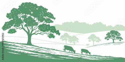 A green silhouette of cows grazing under a tree Vector