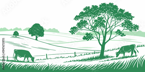 A green illustration of cows grazing in a field with a large tree Vector