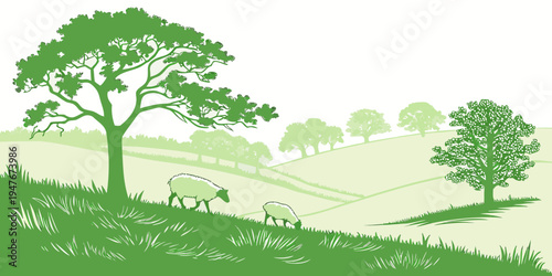 A green landscape with trees and a field Vector