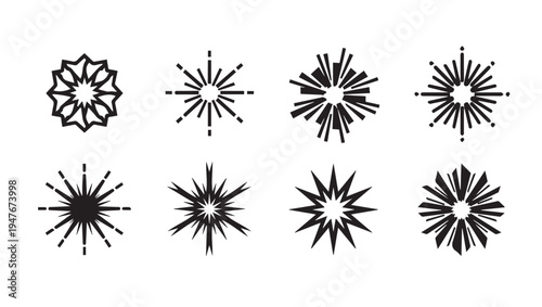 Eight Geometric Starburst Shapes Collection on White Background Vector Icons