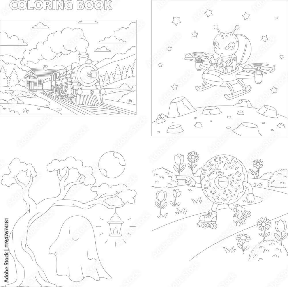 Obraz premium Playful coloring book page: train, bee, ghost, donut skater - children's activity outline, line art, roller skates, mountains landscape