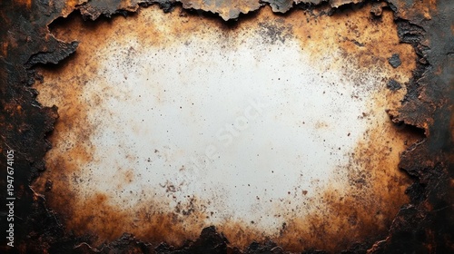 rusted peeling metal frame surrounding a weathered white center conveying gritty industrial decay and aged distressed texture