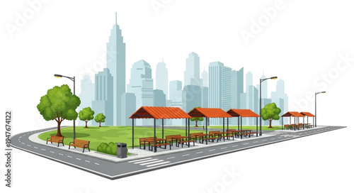Urban park with picnic shelters and city skyline background.
