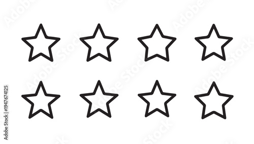 Eight Outline Stars Arranged in Two Rows on White Background Simple Graphic Element