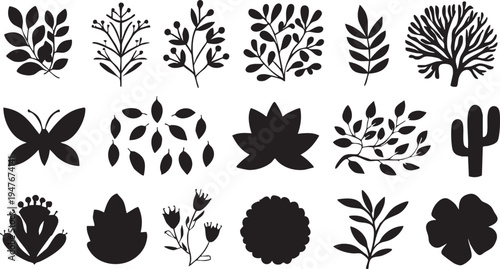 Black and white vector botanical elements: leaves, flowers, butterfly, and cactus clip art eps silhouette