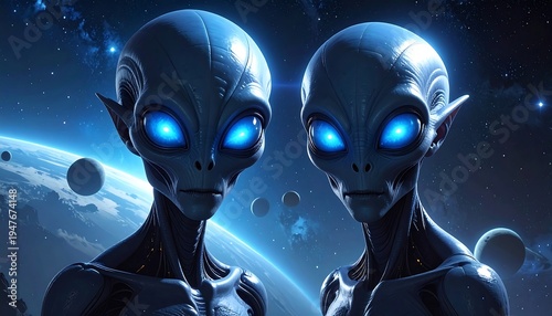 Two alien beings with glowing blue eyes in space