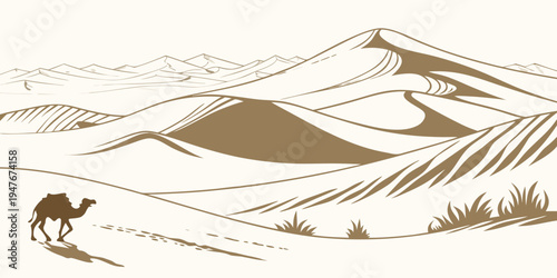 A camel walking through a desert landscape Vector