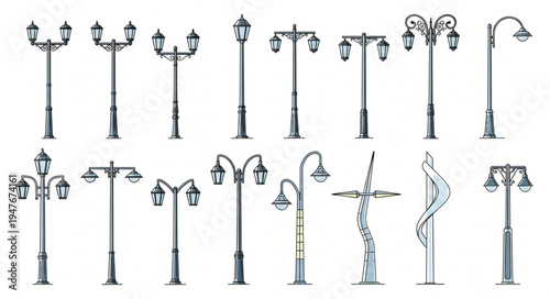 Collection of vintage street lamp designs isolated on white background.