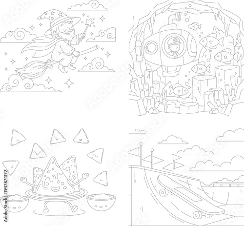 Lively coloring pages for kids: flying witch, underwater submarine, nachos feast, and skateboarder trick outline, coloring book