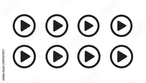 Eight Play Button Icons Arranged in Rows Black and White Simple Design