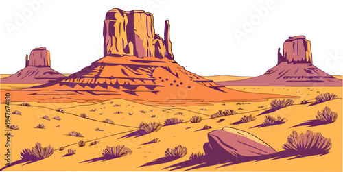 A desert landscape with a large rock formation Vector