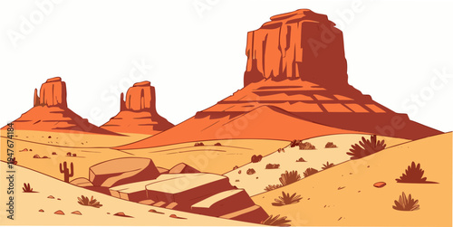 A desert landscape with a large rock formation Vector