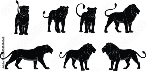 Lion and Lioness Silhouette Vector Set, Majestic African Predators, Safari Animals, Roaring Lion, Walking Lioness, Wildlife Icons, Isolated Black Graphics