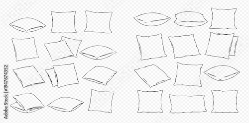 Set of hand-drawn pillow sketches in various shapes and positions, isolated on a transparent background, perfect for graphic design elements.