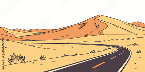 A winding road through a desert landscape with mountains Vector