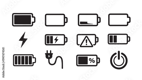Battery Icons Collection: Power Levels Charging Warning and On/Off SymbolsVector Graphics