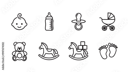 Baby Icons Collection: Toys Feeding Stroller Footprints and PacifierLine Art